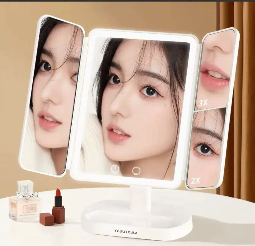 Espejo plegable para maquillaje con luz